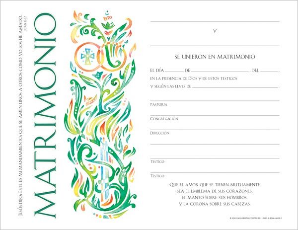 Certificado para Matrimonio: (Spanish Community Marriage Certficate) Quantity per package: 12