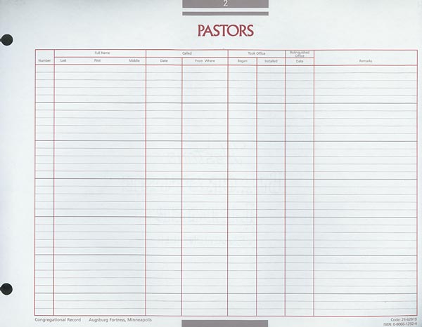 Pastors of the Congregation Congregational Record