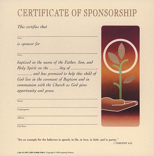 Celebration Certificate of Sponsorship: Quantity per package: 12